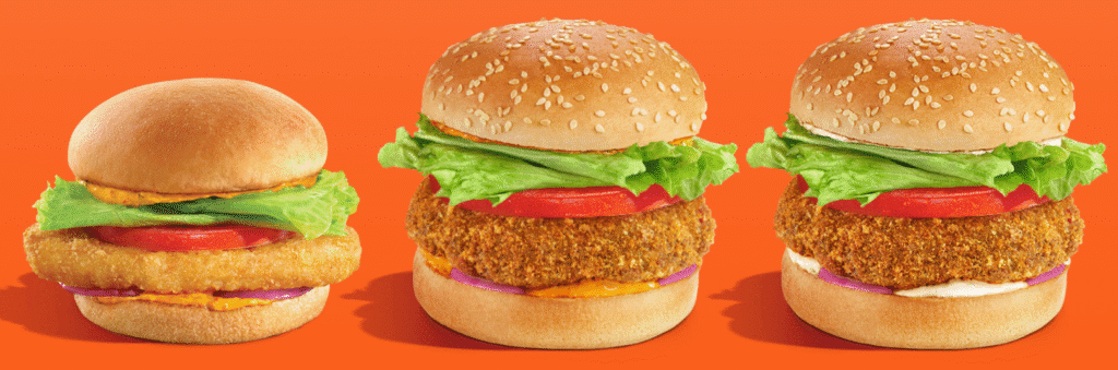 A&W Canada Adds Three Veggie Burgers To Permanent Menu 1 A&W Masala Veggie Burger Crispy Veggie Burger Spicy Piri-Piri Potato Buddy Burger.